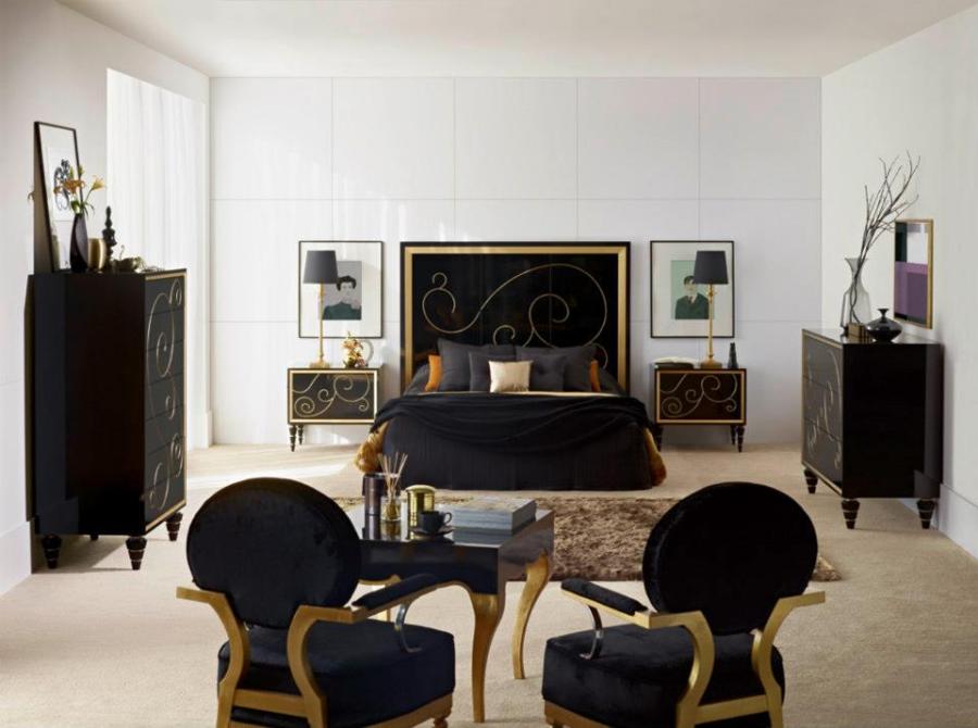 Dormitorio lacado en negro con dorado - Villalba Interiorismo