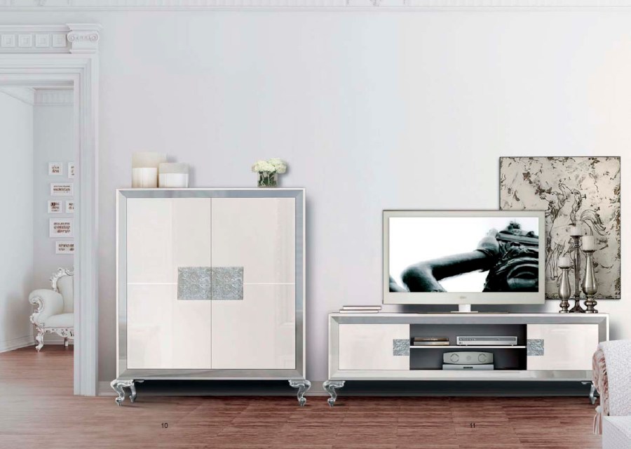 Contenedor y mueble TV lacado blanco y plata- Villalba Interiorismo