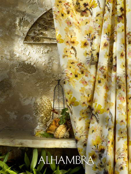 Cortina flores en amarillo - Villalba Interiorismo