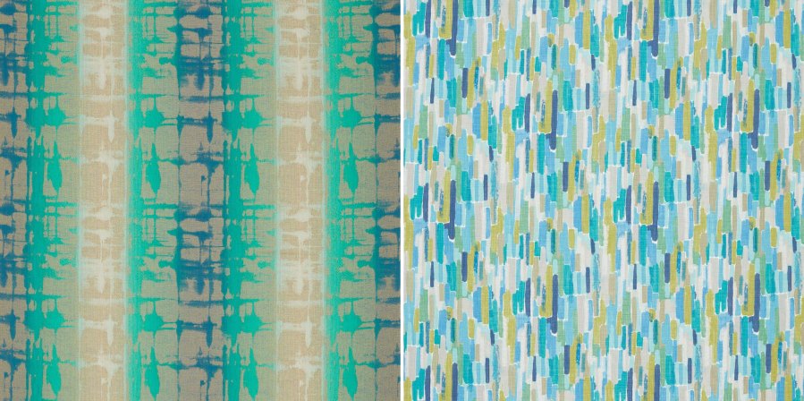 Dobles cortinas y puf con telas Harlequin - Villalba Interiorismo